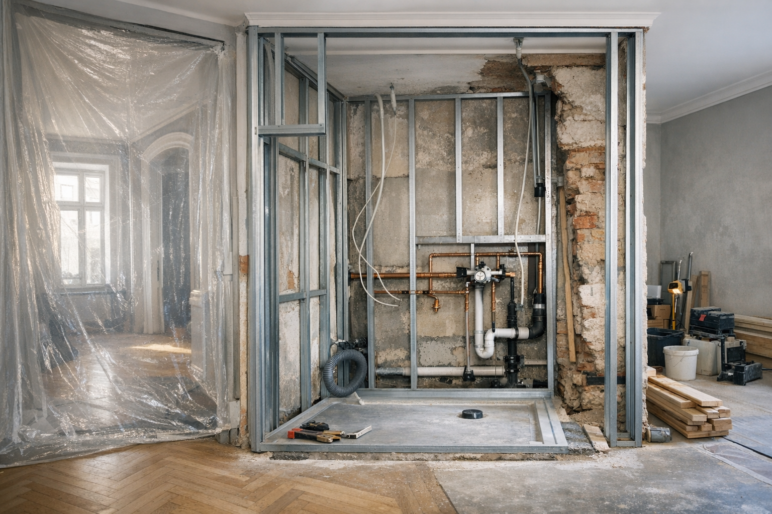 Byggarbetsplats i ett historiskt bostadsbolag i Helsingfors