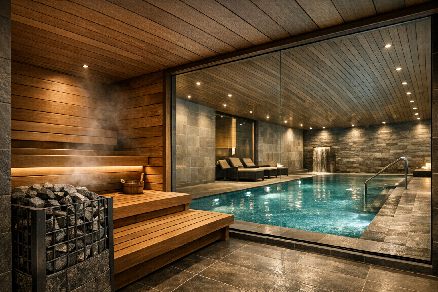 Demobild av bastu- och poolavdelning